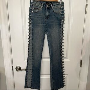Platinum Plush Jeans Women’s Sz 1 Open Leg Rhinestone Boho Denim Bling Y2K *read
